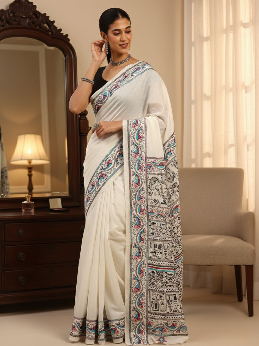 ArtEastri Handloom White Silk Kantha Saree with Blouse piece
