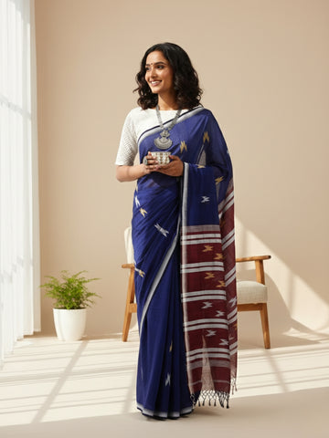 Blue & Red Handloom Cotton Jamdani Saree