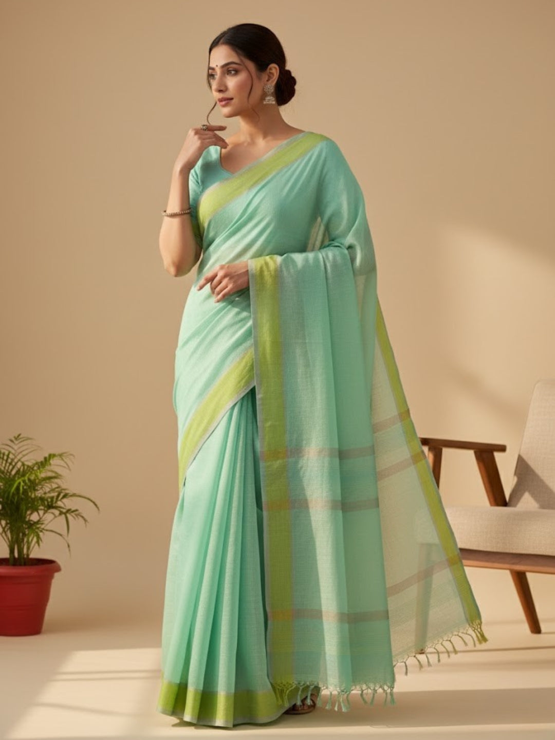 Sea Green Cotton Saree with blouse piece