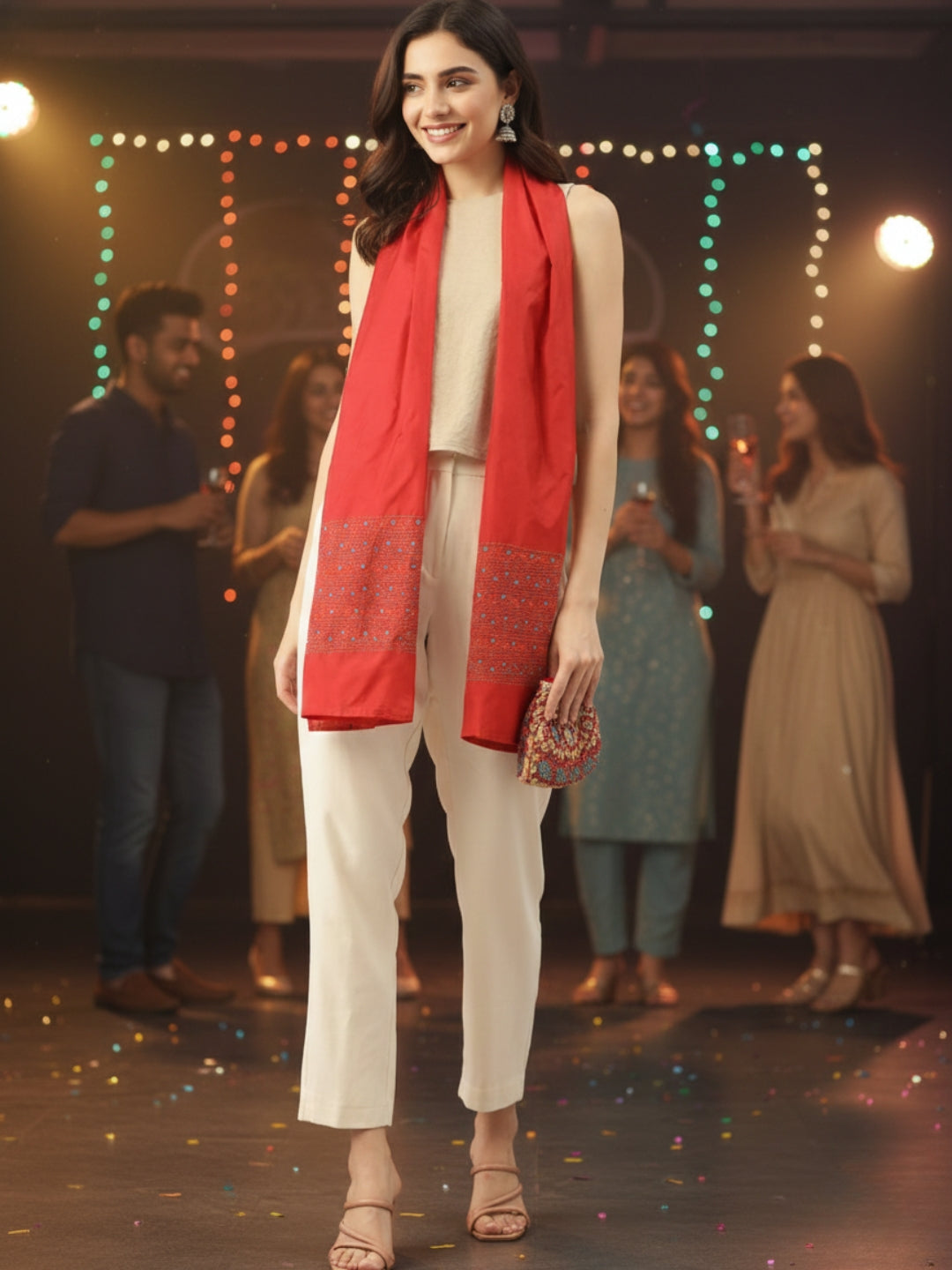 Red & Yellow Kantha Art Silk Stole