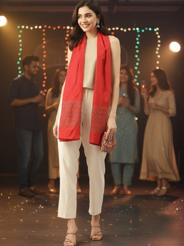 Red & Yellow Kantha Art Silk Stole