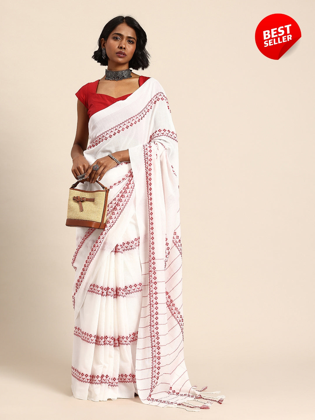 ArtEastri  White Red Pure Cotton Saree with Blouse piece