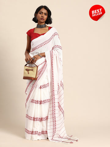 ArtEastri  White Red Pure Cotton Saree with Blouse piece