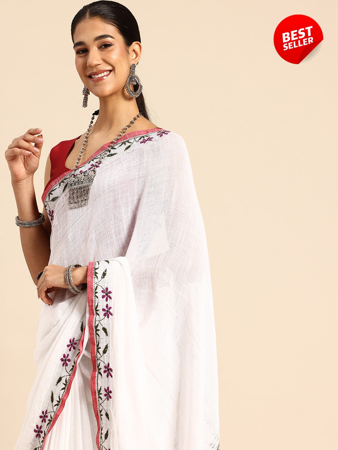 ArtEastri White Linen Kantha Saree with Blouse piece