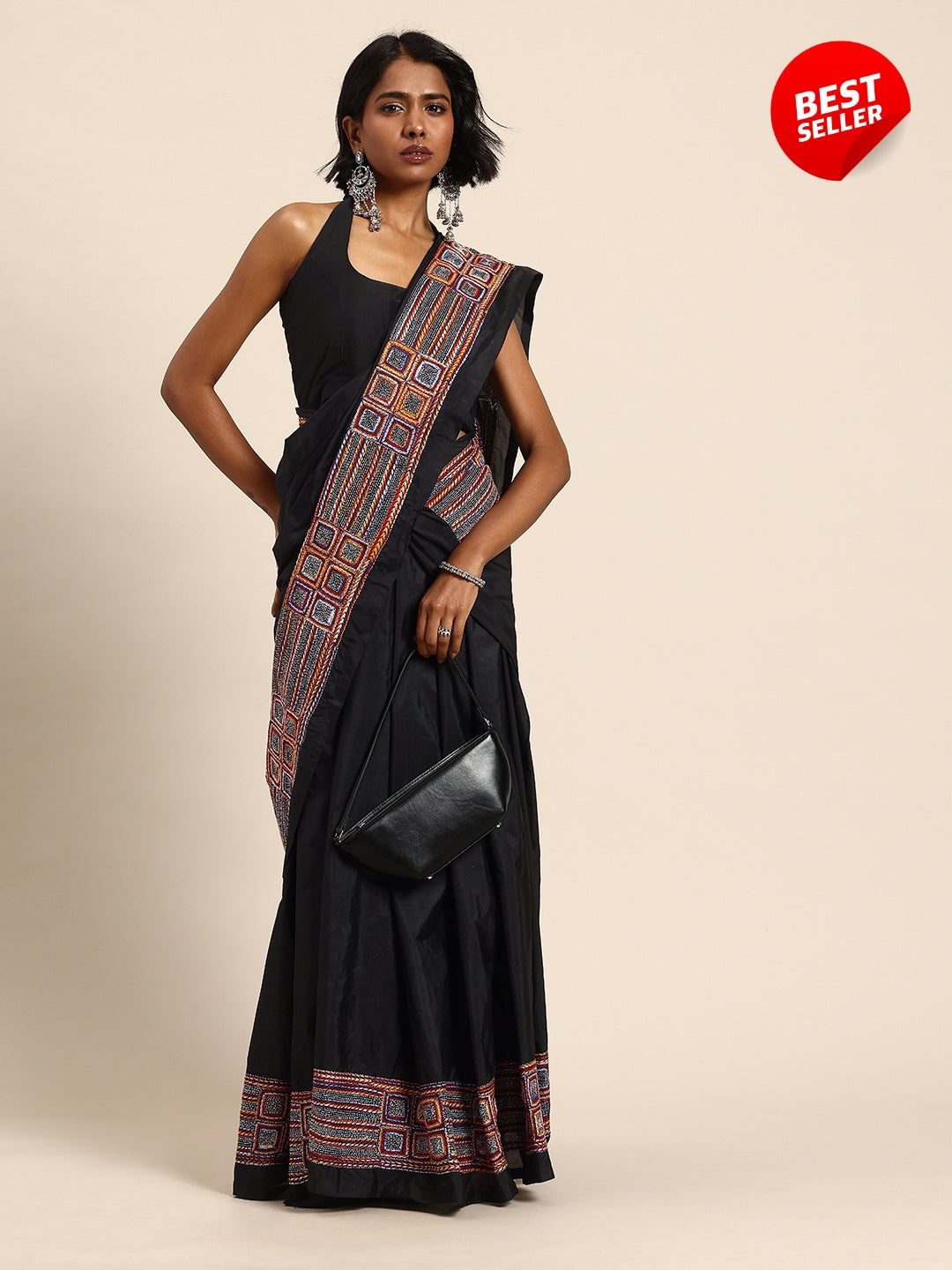ArtEastri Black ArtSilk Kantha Saree with Blouse piece