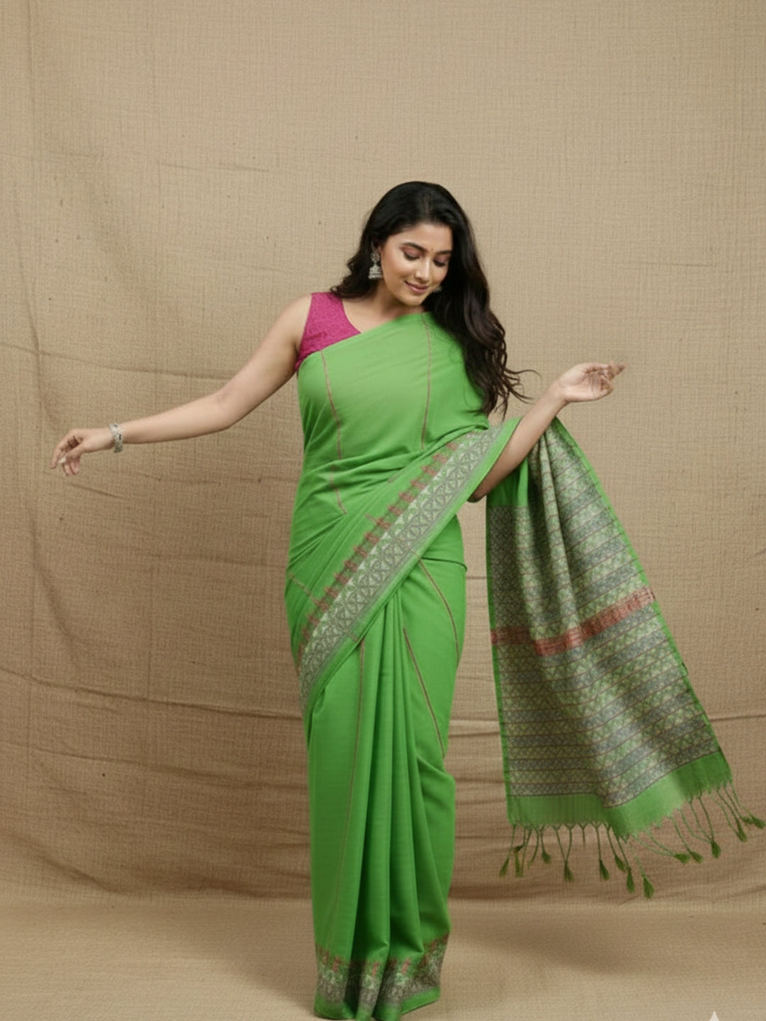 Parrot Green Khesh Kantha Cotton Saree