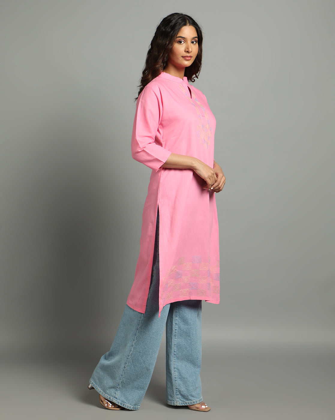 Baby Pink Kantha Cotton Kurta