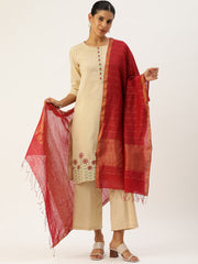 Red Handwoven Silk Cotton Zari Dupatta