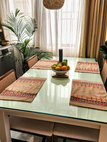 Beige Orange Kantha Cotton Table Mats- 4Pack
