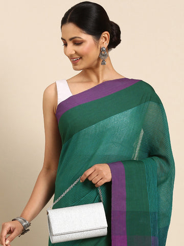 Green Purple Striped Cotton Saree