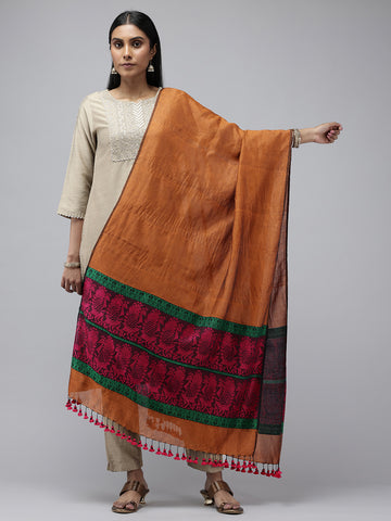 Copper Magenta Baluchari Peacock Silk Cotton Dupatta