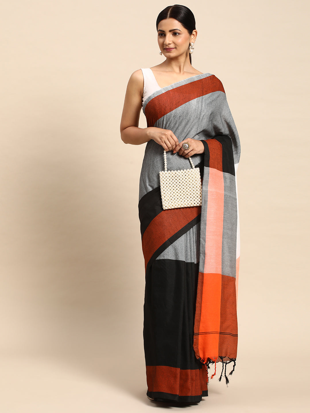 Handloom Colorblock Woven Cotton Saree with Blouse piece