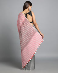 Grey Pink Cotton Saree with pompoms