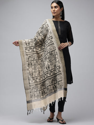 Black Madhubani Jacquard Cotton Print Dupatta