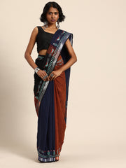 ArtEastri  Handloom Navy Colour Block Cotton Kantha Saree