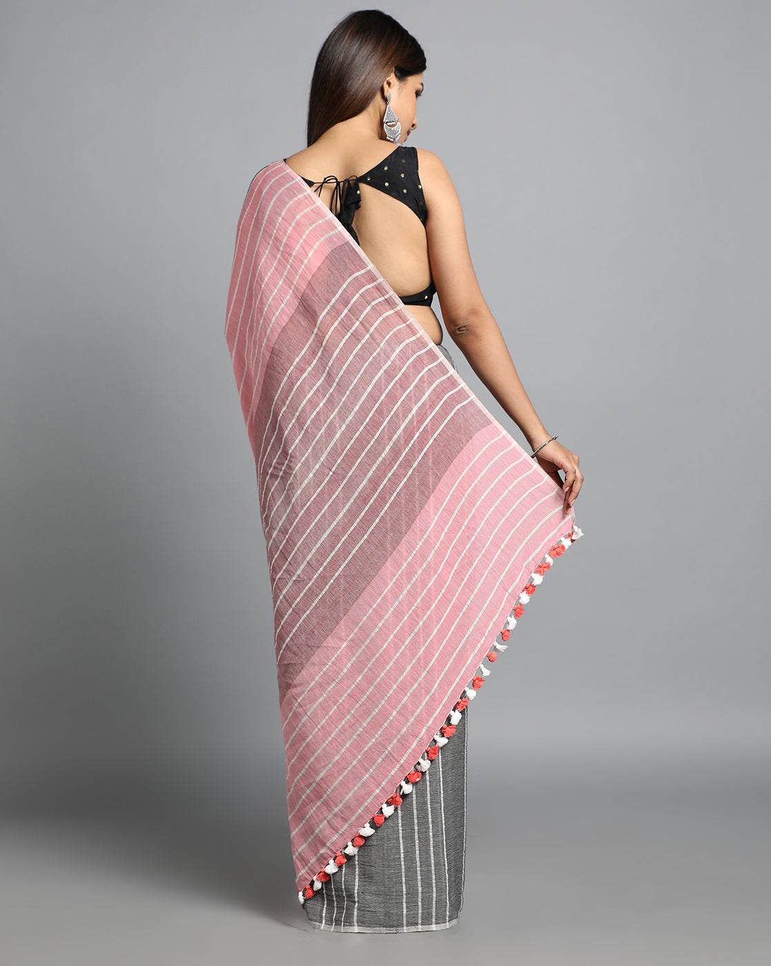 Handwoven Cotton Saree with pompoms