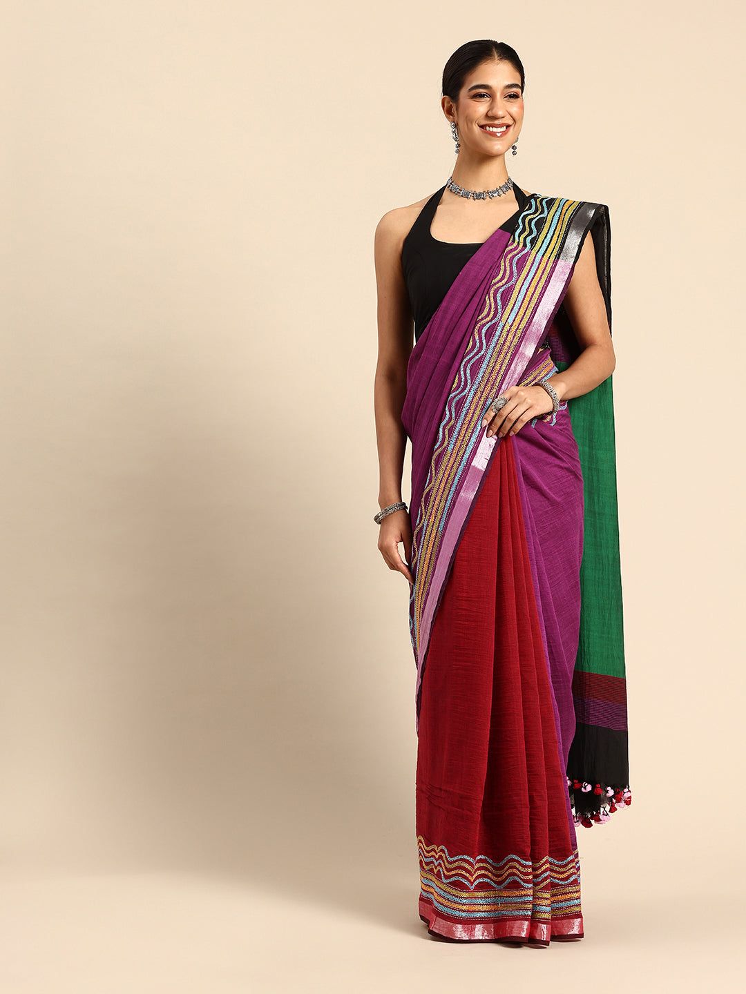 ArtEastri Handloom Black Magenta Colorblock Cotton  Kantha Saree