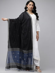 Black Blue Handloom Jamdani Cotton Dupatta with Pompoms