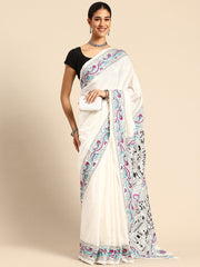 ArtEastri Handloom White Silk Kantha Saree with Blouse piece