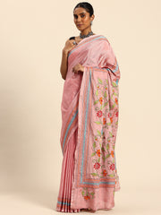 ArtEastri Light Pink Art Silk Kantha Stitch Saree With Blouse Piece
