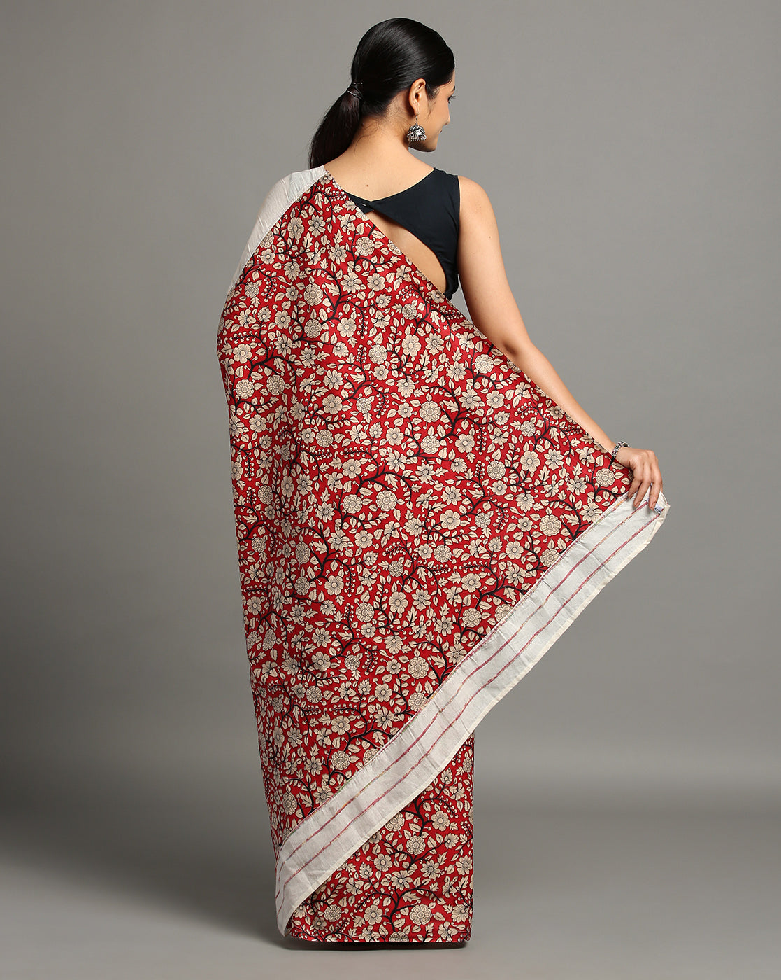 ArtEastri White Red Ajrak Print Khesh Cotton Saree with Blouse piece