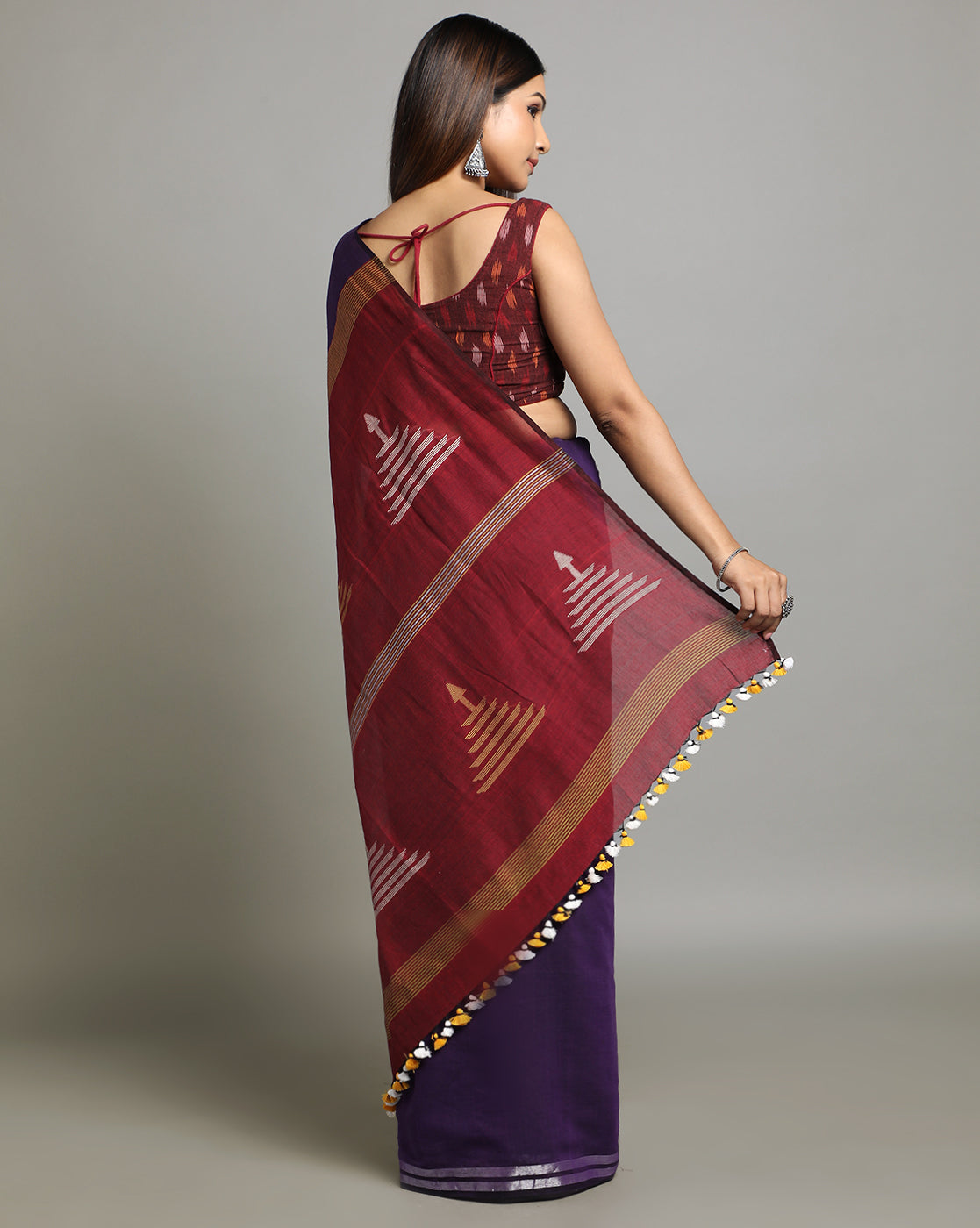 Violet Brown Jamdani Cotton Saree Without Blouse Piece