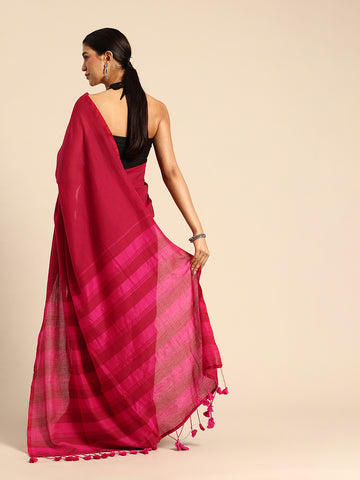 ArtEastri Maroon Magenta Solid Cotton Saree with Blouse piece