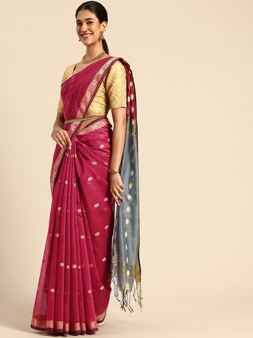 Magenta & Grey Zari Buti Silk Cotton Saree with blouse piece