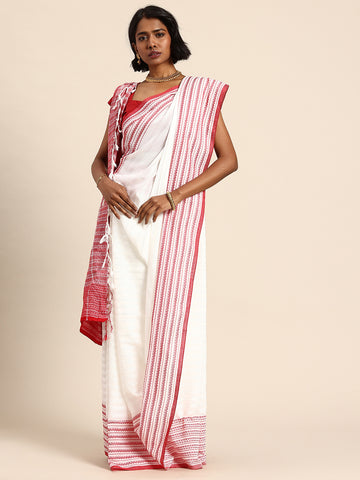 ArtEastri White Red Cotton Saree with Blouse piece