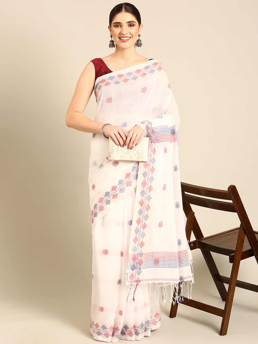 White Multicolour  Handcrafted Woven Soft Jamdani Saree