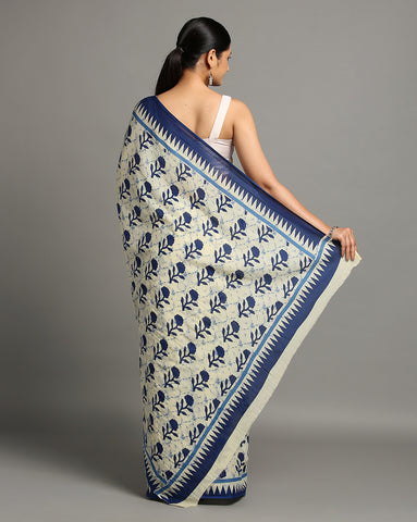 Cream Pure cotton Printed Saree with blouse piece