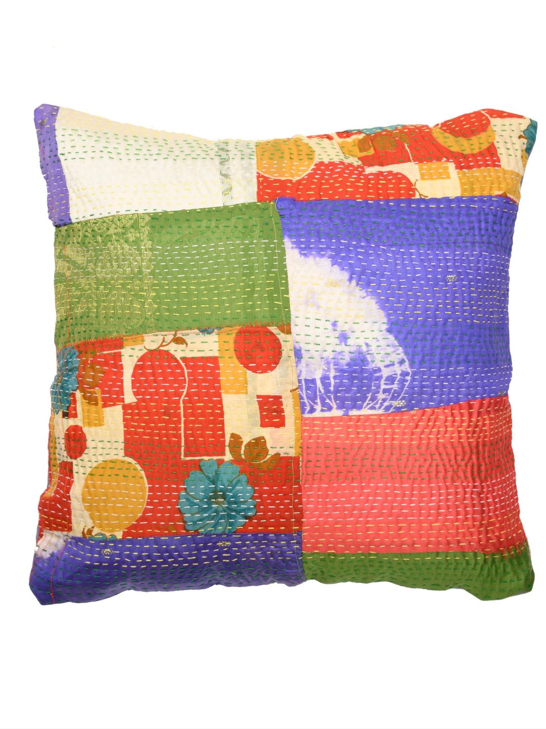 Multicolour Vintage Silk Patch Kantha stitch embroidered Cushion cover - Pack of 1- Grey Back