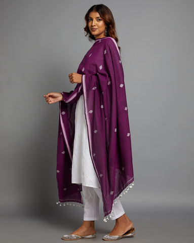 Purple Cotton Handloom Jamdani Dupatta with Pompoms