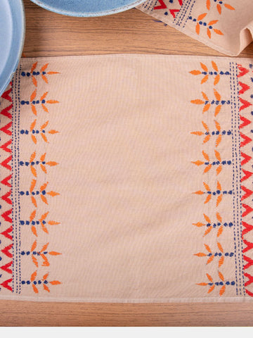 Beige Orange Kantha Cotton Table Mats- 4Pack