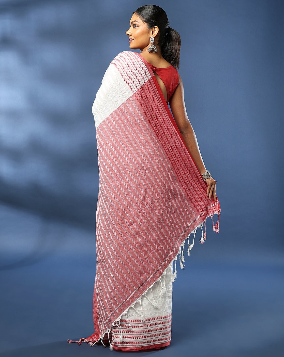 ArtEastri White Red Cotton Saree with Blouse piece