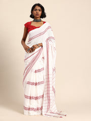 ArtEastri  White Red Pure Cotton Saree with Blouse piece