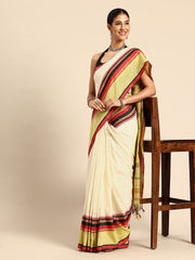 ArtEastri White Green Red Cotton Saree with Blouse piece