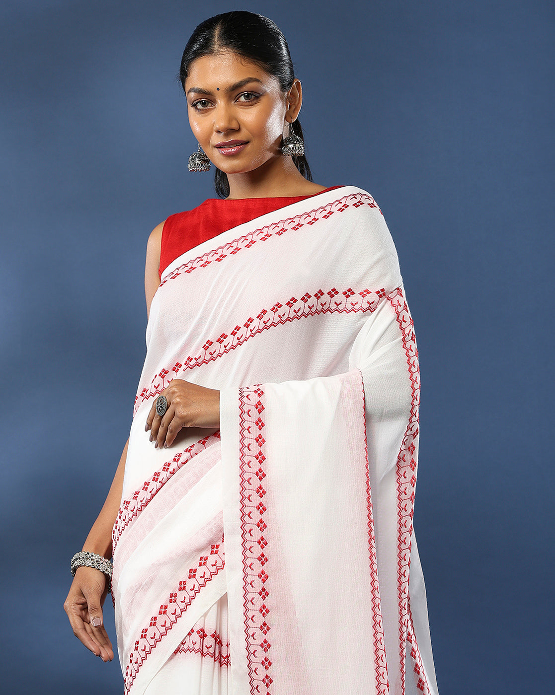 ArtEastri  White Red Pure Cotton Saree with Blouse piece