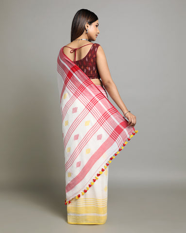 White Red Diamond Jamdani  Cotton Saree