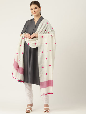 White & Pink Assamese Silk Cotton Handloom Dupatta
