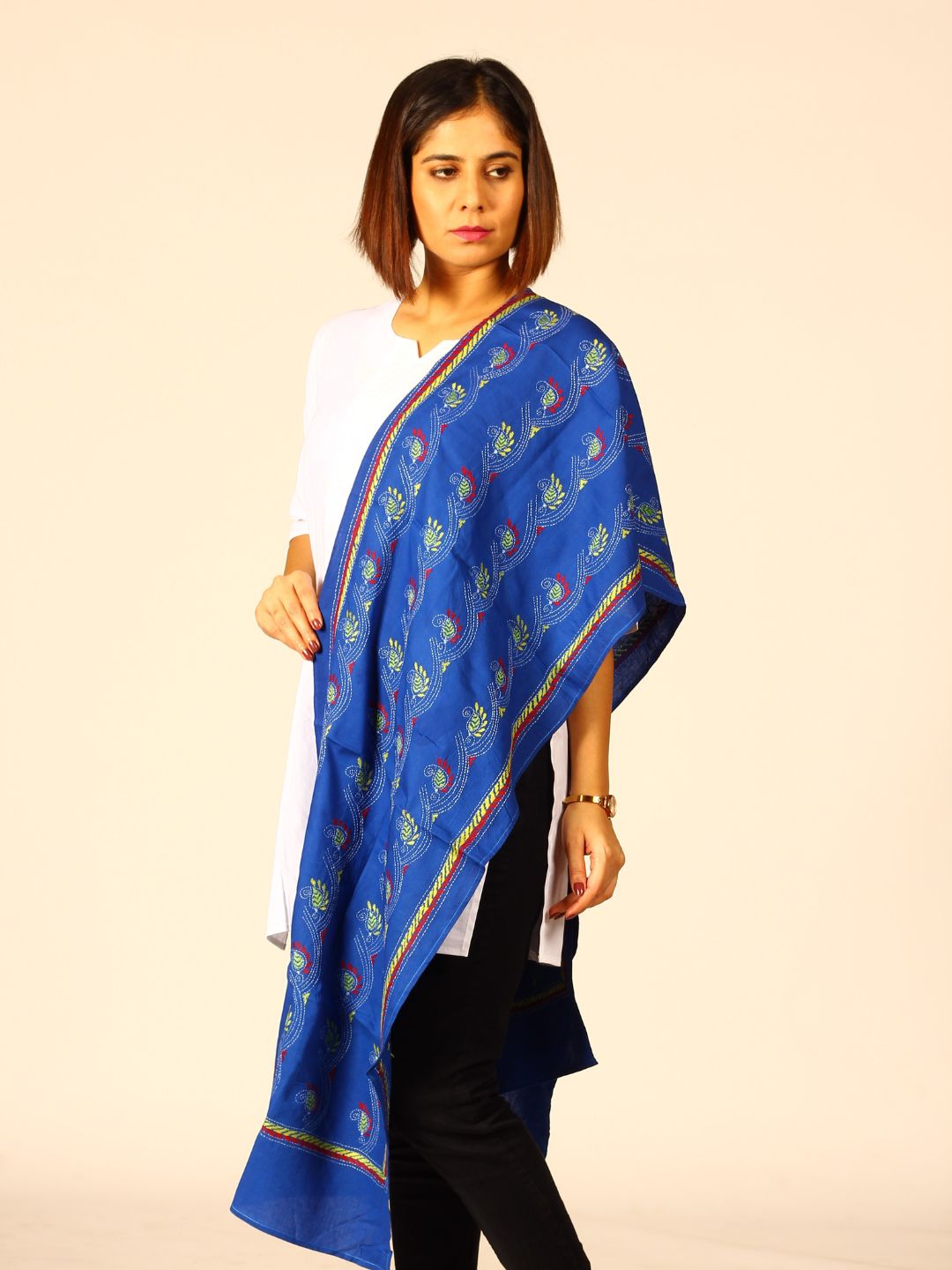 Blue Green Handcrafted  Kantha Work Cotton Stole for women
