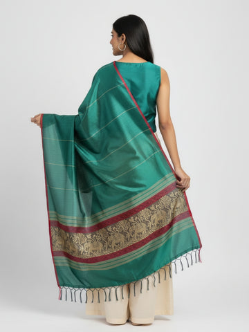 Green Red Handloom Blended Silk Baluchari Dupatta