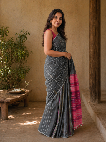 Grey Pink Striped Cotton Handloom Kantha Stitch Saree