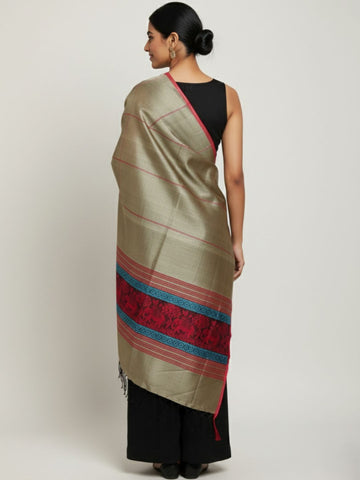 Sage Green Red Blended Silk Handloom Baluchari Dupatta