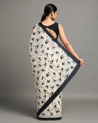 ArtEastri Cream Bird Print Cotton Saree with Blouse piece