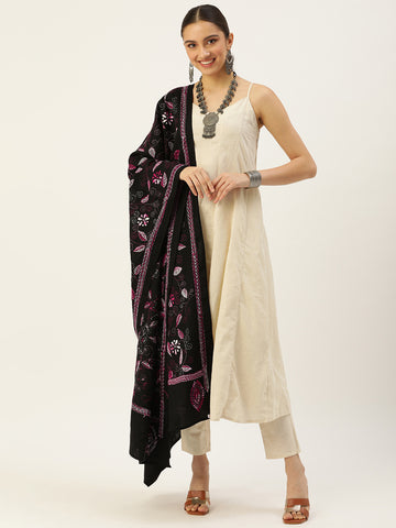 Black Mauve Kantha Stitch Cotton Dupatta