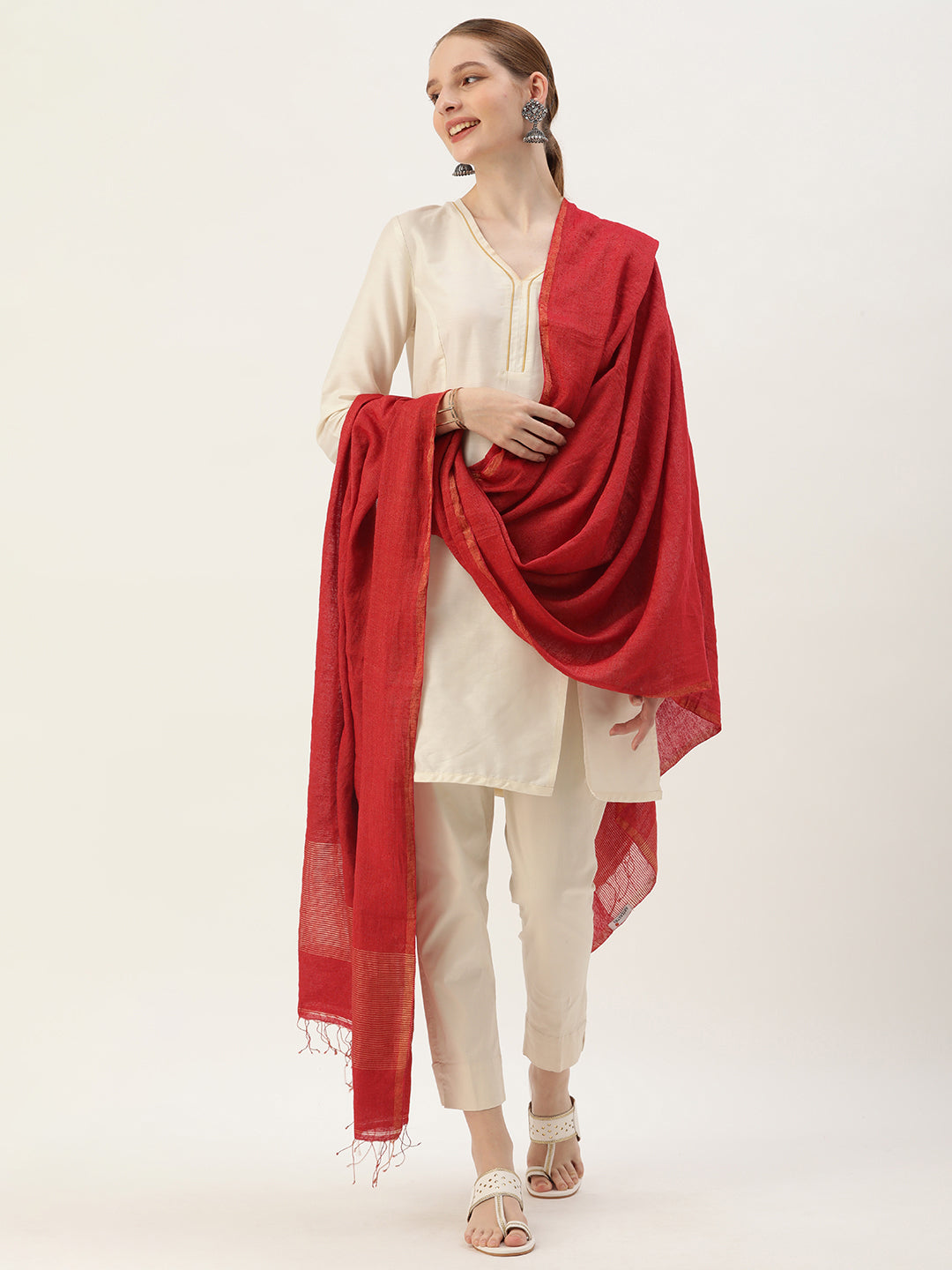 Red Gold Handwoven Zari Tissue Cotton Dupatta