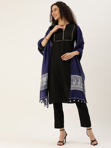 Indigo White Baluchari Silk cotton Dupatta