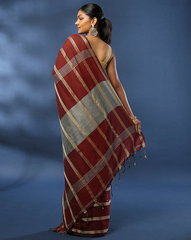 ArtEastri Maroon cotton Woven Saree with Blouse piece
