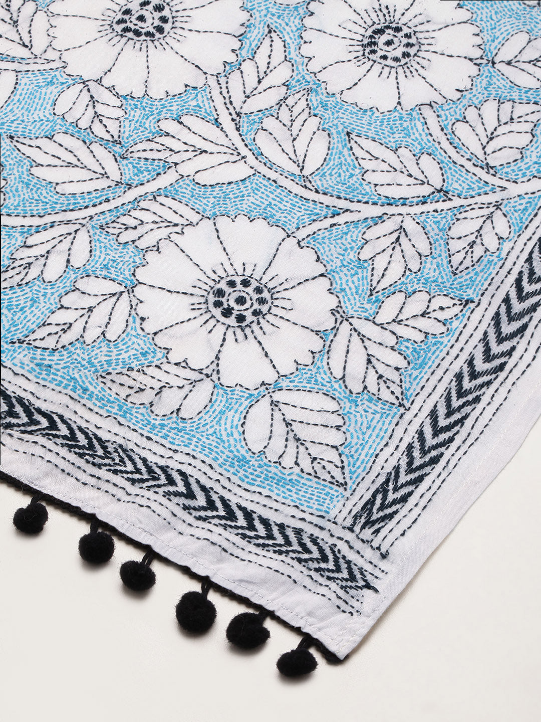 White Blue Handwoven Cotton Kantha work Stole for Women